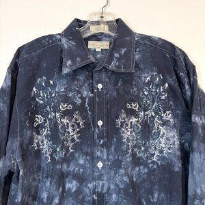 Button Up  Shirt Grunge Blue Black Graphic Y2K  Large